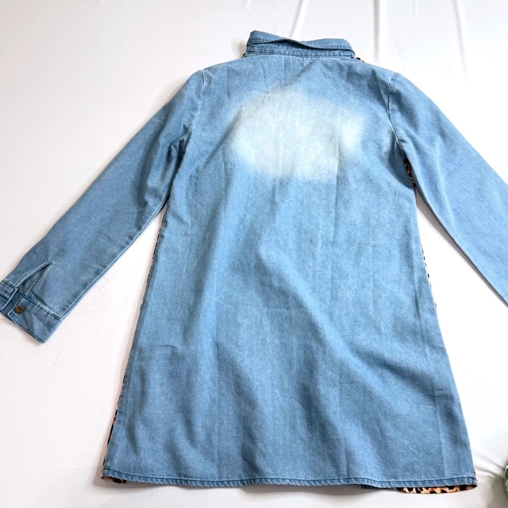 Womens Light Wash Denim Leopard Print Accent Long Sleeve Mini Dress Small - Picture 2 of 7